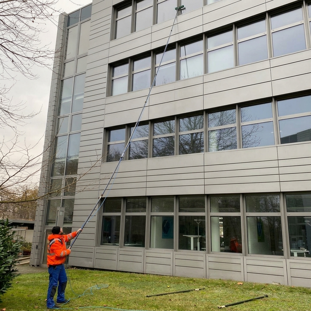 Fensterreinigung an einem hohen Gebäude mit wasserführender Teleskopstange