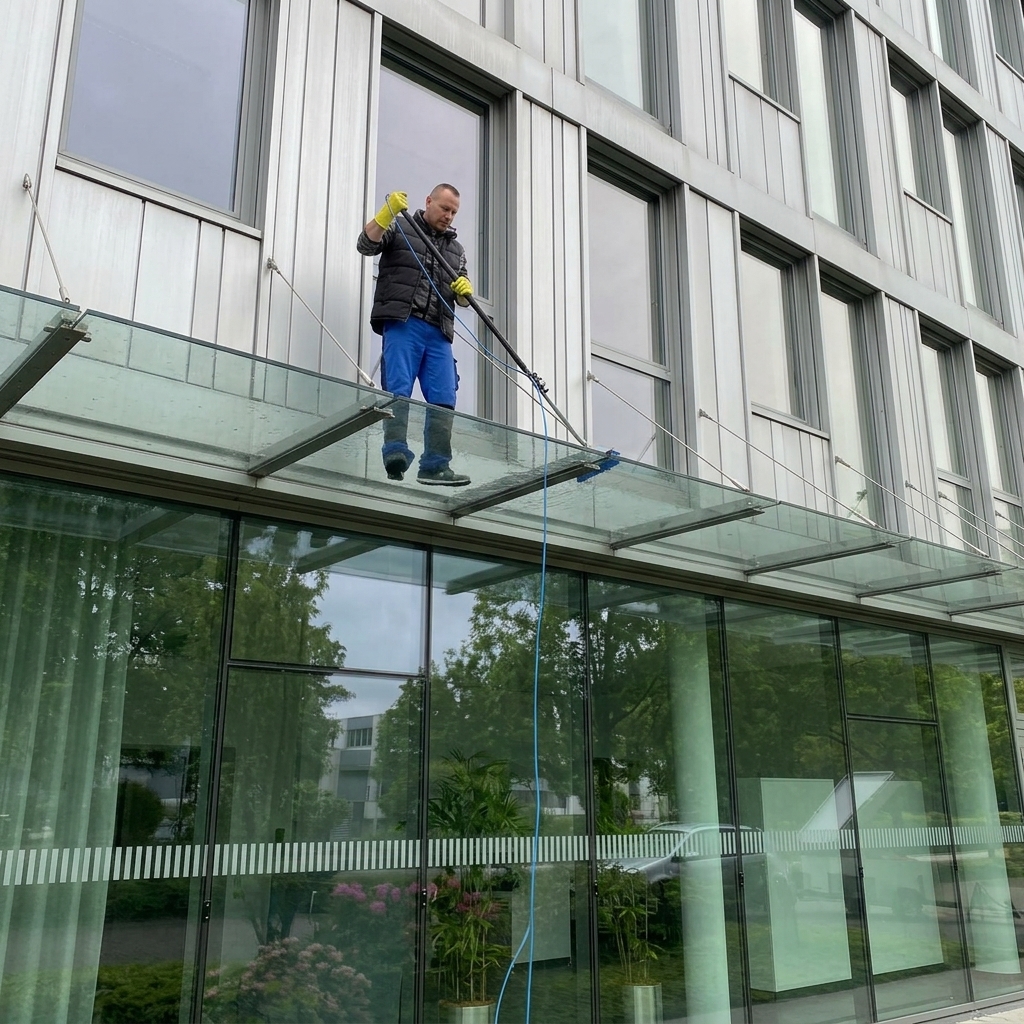 Mitarbeiter reinigt ein gläsernes Vordach