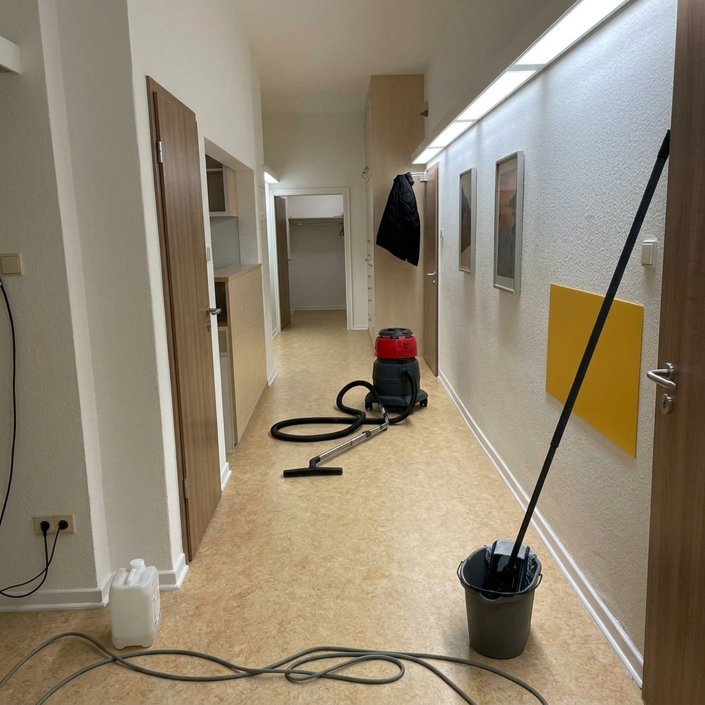 Flurreinigung mit einem professionellen Staubsauger und Reinigungsutensilien